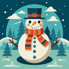 Winter Snowman with Scarf and Top Hat in a Festive Snowy Scene