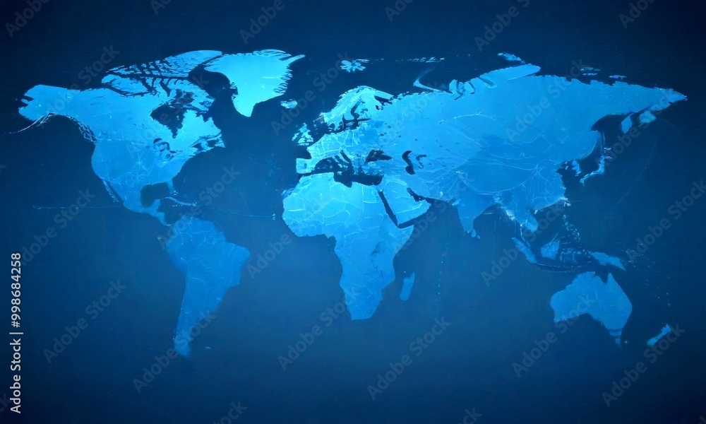 Poster a stylized world map in shades of blue, with the continents and oceans clearly visible against a dar
