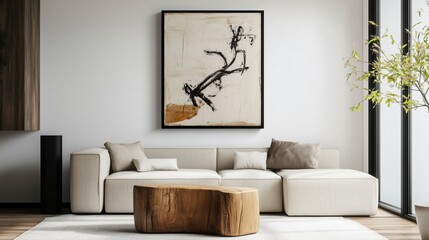 Minimalist living room featuring abstract art and contemporary design elements