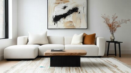 Minimalist living room with abstract art for modern home decor