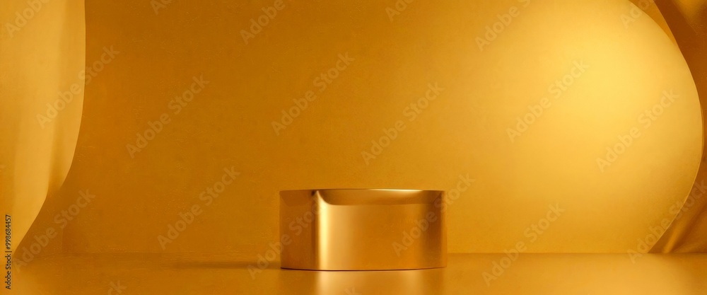 Poster A golden cylindrical object stands alone in a golden room, its smooth surface reflecting the light and creating a sense of depth and space