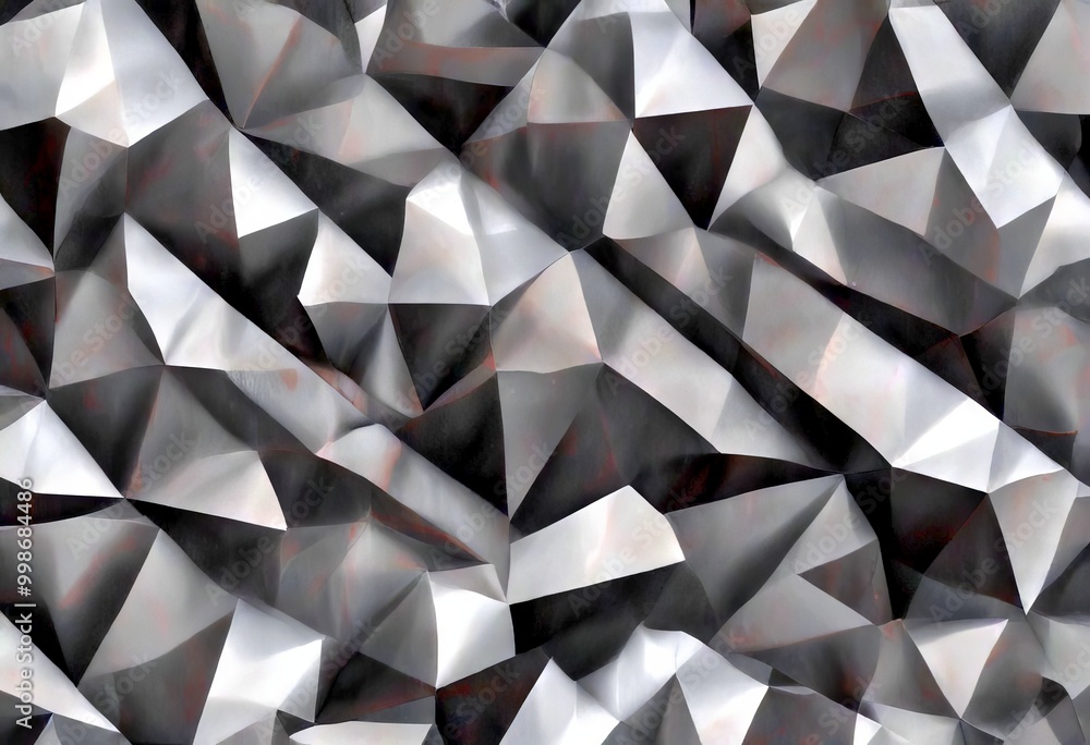Poster a close-up view crumpled, wrinkled paper surface with a repeating pattern of gray and white triangle