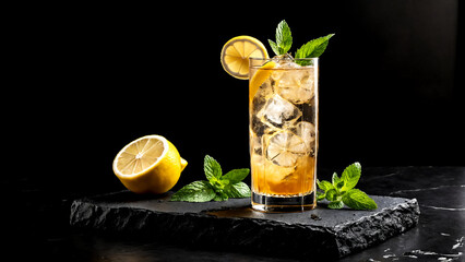 A refreshing highball with whiskey, ginger ale, and a dash of lemon juice, garnished with mint and a lemon slice. AI Generated.	