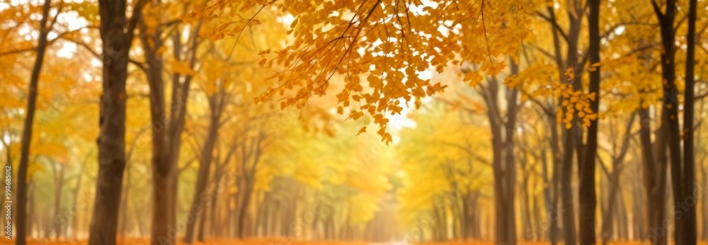 Poster A tranquil autumn scene unfolds in a forest, with a path lined with trees displaying vibrant orange and yellow leaves, creating a warm and inviting atmosphere