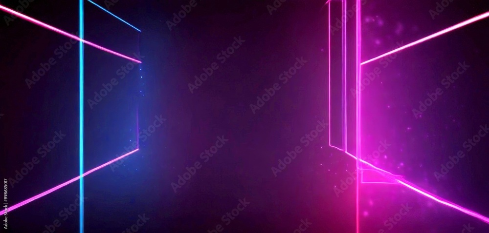 Poster a digital art piece featuring a dark background with two intersecting lines, one in blue and the other in pink, creating a sense of depth and perspective