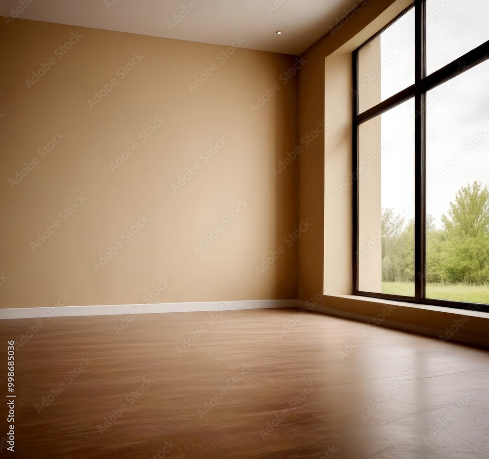 Aufkleber an empty room with a large window overlooking a lush green landscape