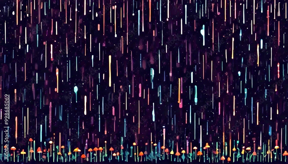Poster a dark background with a multitude of colorful, vertical lines of varying shades of orange, green, b