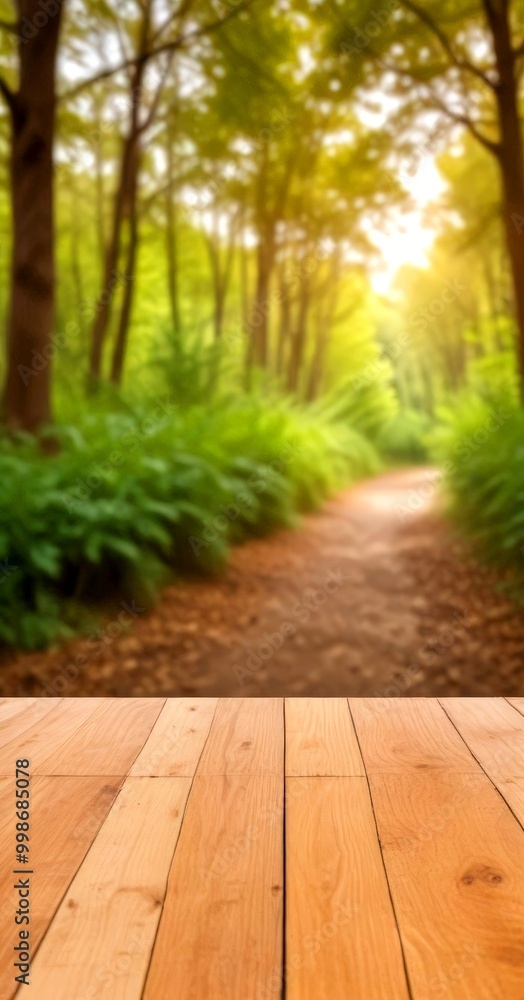 Poster a wooden platform in the foreground leads the eye towards a lush, verdant forest in the background, 