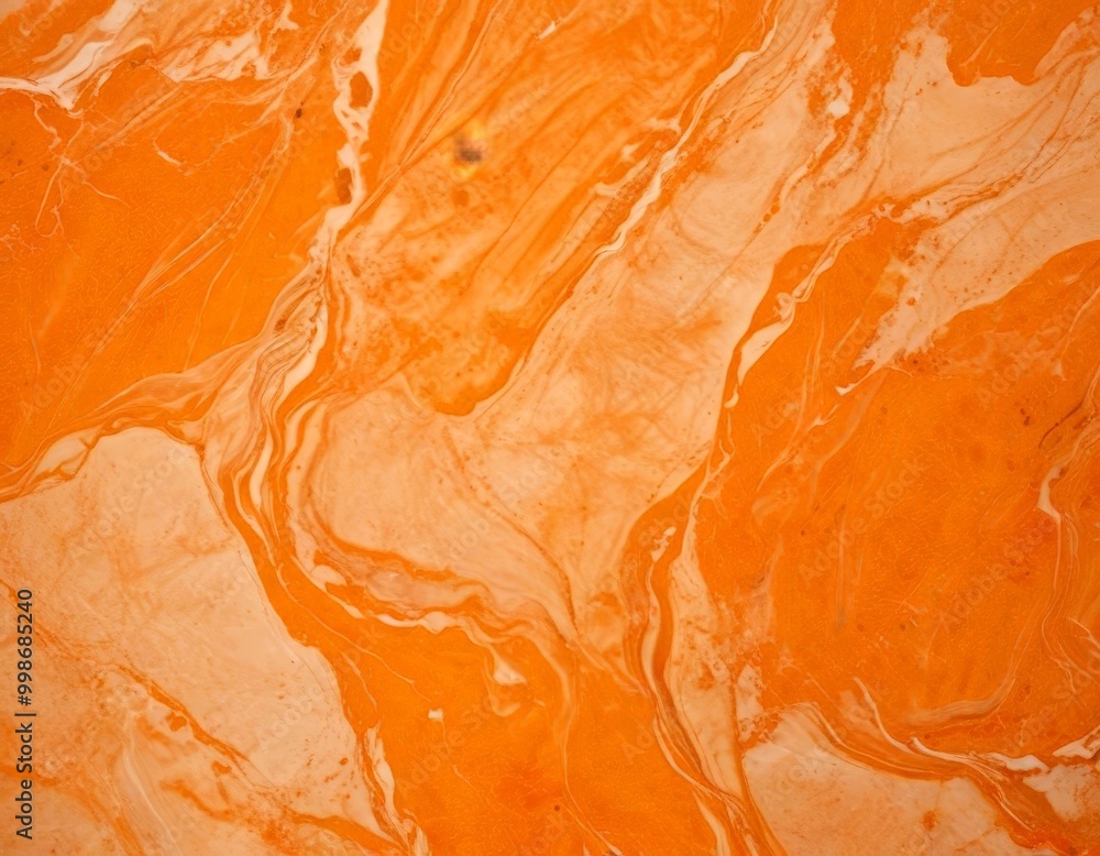 Poster a close-up view marble surface with a swirling pattern of orange and white hues, resembling the natural patterns found in sand dunes or a flowing river