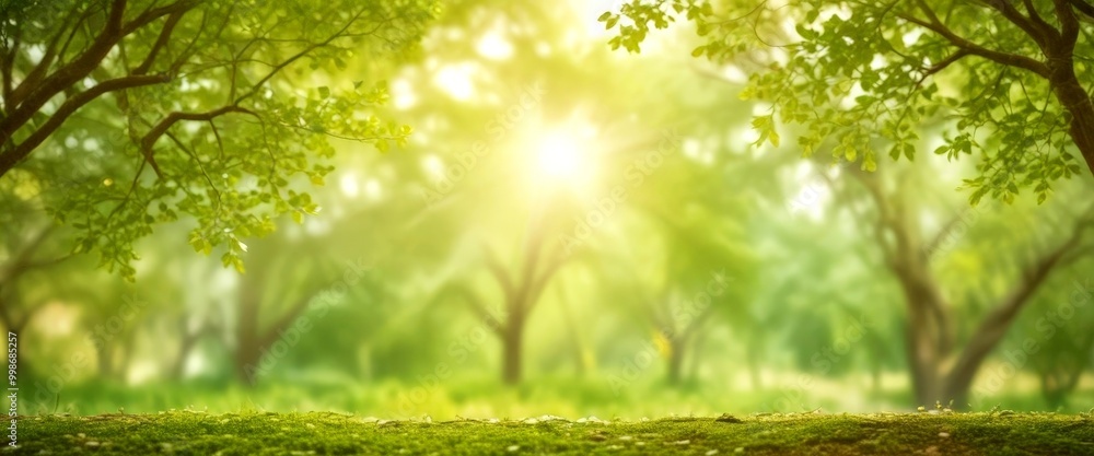 Poster A serene forest scene with sunlight filtering through the lush green leaves of trees, creating a tranquil and peaceful atmosphere