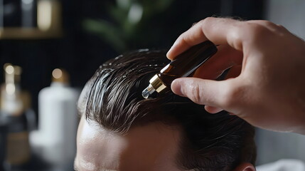 Fototapeta premium Hair Oil Application for Healthy Shiny Strong Moisturized Scalp Treatment Revitalizing Growth Nourishing Men's Grooming Routine