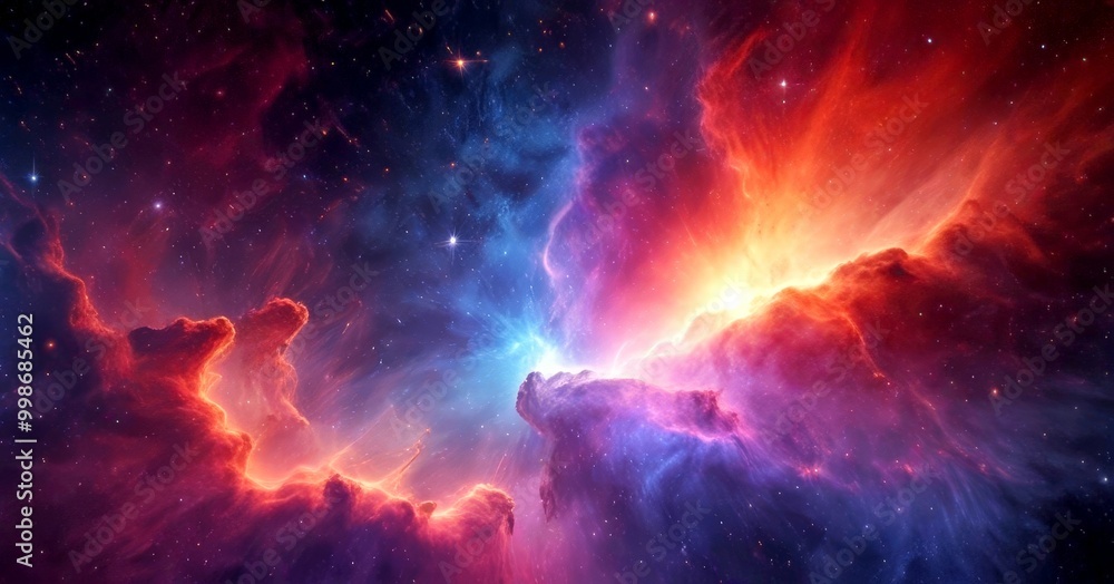 Poster a vibrant cosmic scene, featuring a nebula with swirling clouds of gas and dust illuminated by a bright light at its center The nebula is set against a backdrop of a