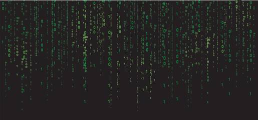 Abstract digital background with falling green binary code, representing technology, data, and programming on a black screen


