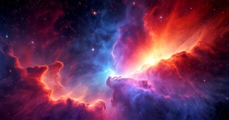 Fototapeta premium a vibrant cosmic scene, featuring a nebula with swirling clouds of gas and dust illuminated by a bright light at its center The nebula is set against a backdrop of a