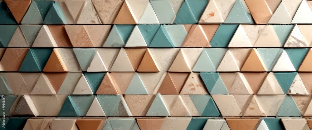 Poster A close-up view wall adorned with a repeating pattern of triangular tiles in various shades of blue, beige, and gray, creating a visually appealing geometric design