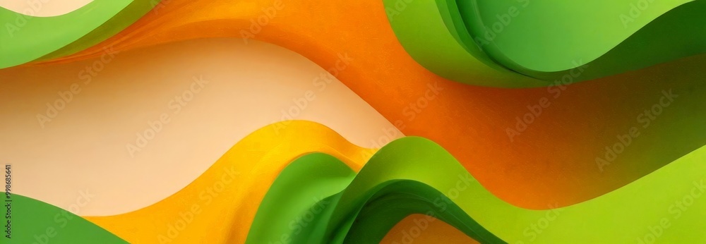 Poster a vibrant abstract composition of overlapping curved lines in various shades of green, orange, and yellow, creating a dynamic and visually striking pattern