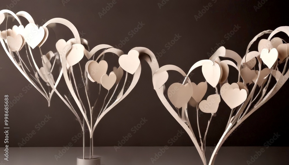 Poster two white paper hearts with curved stems are arranged in a symmetrical pattern against a dark backgr