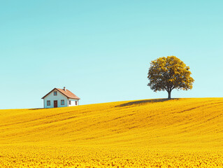 A serene landscape featuring charming house beside solitary tree, set against backdrop of vibrant yellow fields under clear blue sky. This picturesque scene evokes sense of tranquility and peace