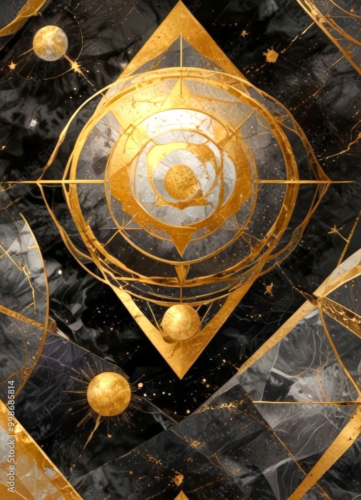 Poster a striking abstract composition with a central golden circle surrounded by a series of concentric circles and lines, set against a dark background with a starry sky motif