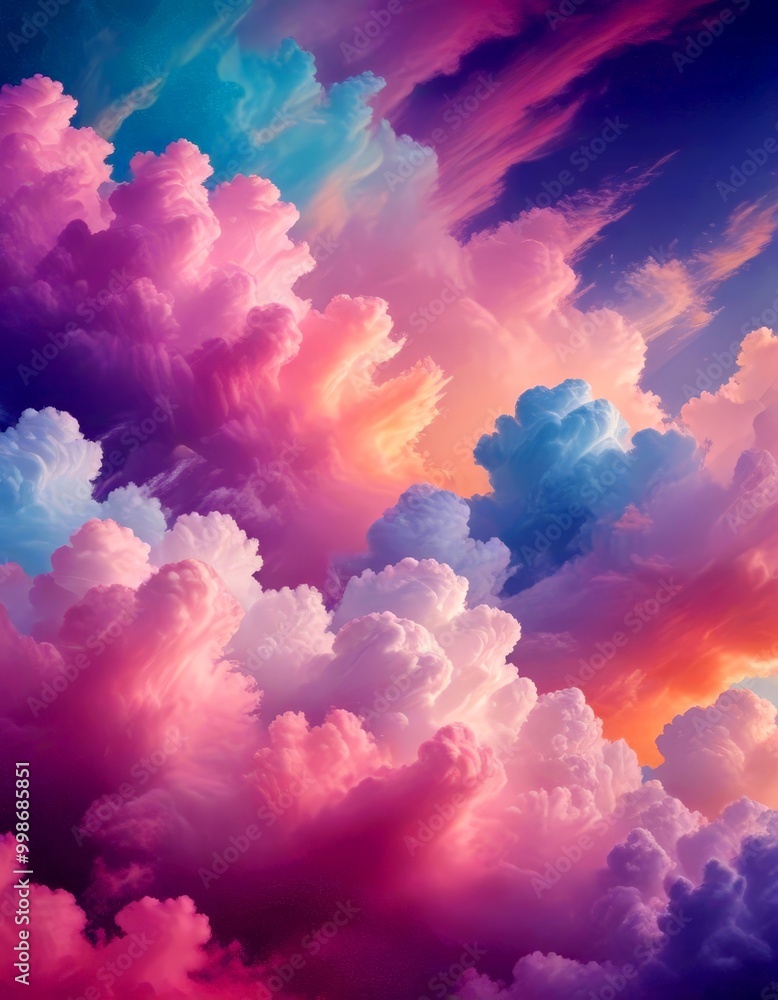 Poster a vibrant and colorful sky filled with fluffy white and pink clouds, transitioning into a gradient o