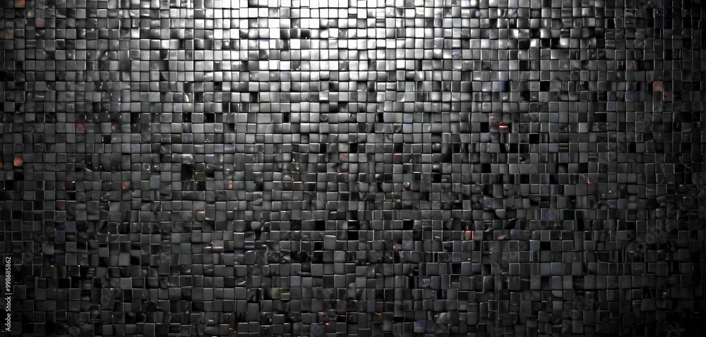 Poster a dark, textured background composed of numerous small square tiles, creating a visually striking and abstract pattern