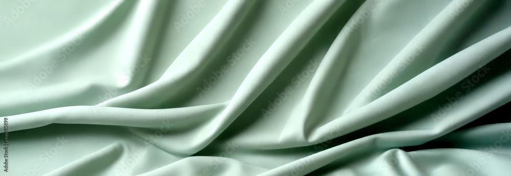 Poster a close-up view crumpled, light green fabric, with the folds and creases creating a textured and flo