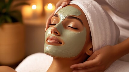A close-up of a therapist applying a soothing facial mask to a client's face, with calming spa decor in the background