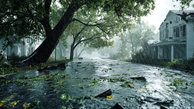 Heavy rain and strong winds from a hurricane result in flooded streets, uprooted trees, and a stark reminder of nature's unstoppable force on urban landscapes
