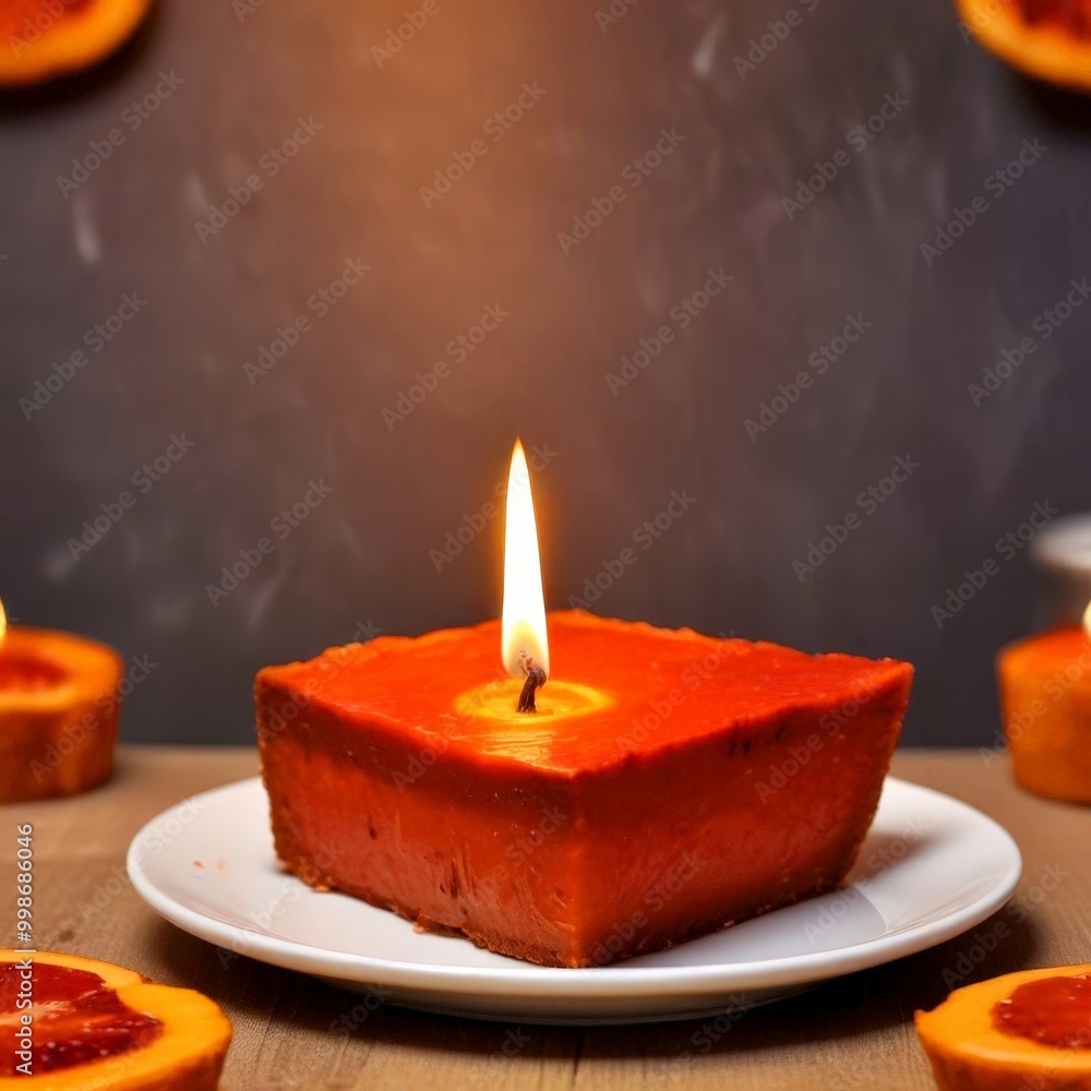 Aufkleber a square slice of red velvet cake with a single lit candle sits on a white plate, surrounded by slic