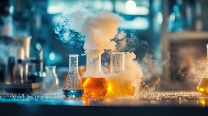 A close-up of chemical reactions in a lab, with liquids bubbling in beakers and flasks on a sterile workbench.