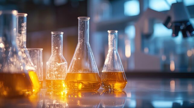 A close-up of chemical reactions in a lab, with liquids bubbling in beakers and flasks on a sterile workbench. -7e