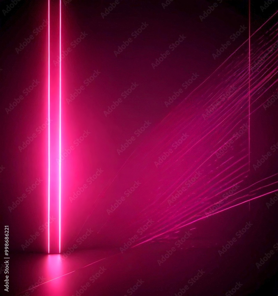Poster a dark room with a single, vertical neon light glowing in the center, casting a bright pink hue acro