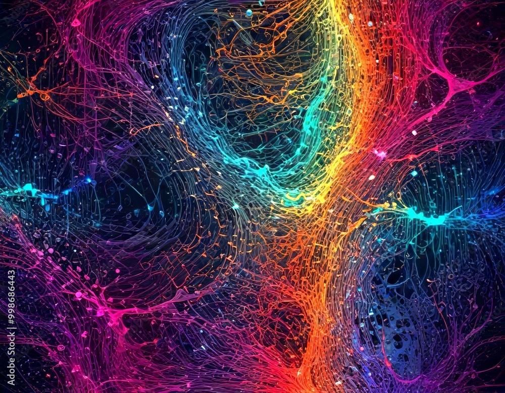 Poster a digital illustration complex network of interconnected lines and shapes, creating a vibrant and abstract pattern