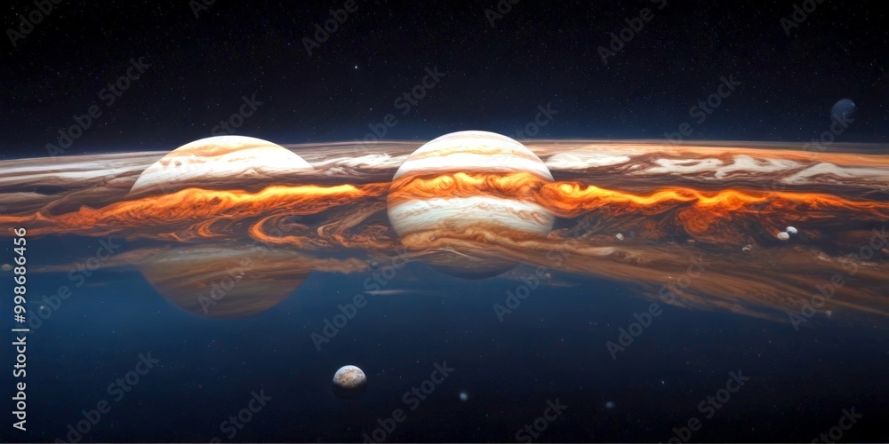 Poster two large planets with swirling patterns of orange and brown hues, floating in a dark space with a f