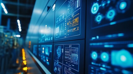 Obraz premium An interior view of a control room in an industrial plant, showcasing digital monitoring systems displaying real-time data on electrical usage and performance.