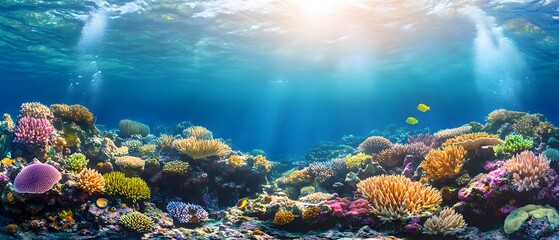 Naklejka premium Bright and detailed illustration of an underwater coral reef, perfect for use in environmental conservation campaign or as part of educational materials about ocean conservation and marine ecosystems.