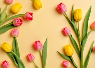 Obraz premium A bouquet of pink and yellow tulips arranged on a light yellow background
