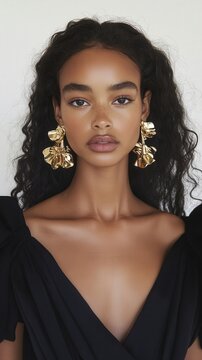 Sculptural jewelry showcase: model with bold gold earrings for fashion editorial