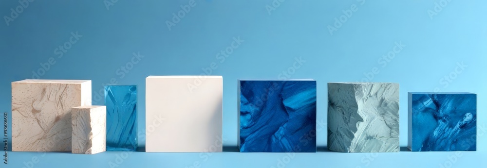 Aufkleber A collection of six blocks, each with a unique texture and color, arranged in a row against a solid blue background