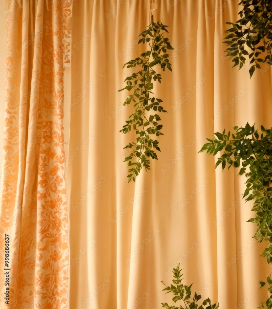 Poster a curtain with a floral pattern on the left and a curtain with green leaves on the right, creating a