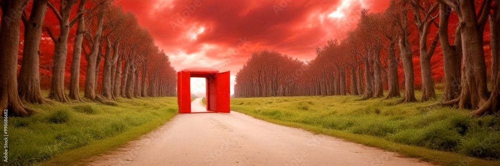 Poster a red door stands open on a dirt road, flanked by a line of trees with vibrant red leaves against a 