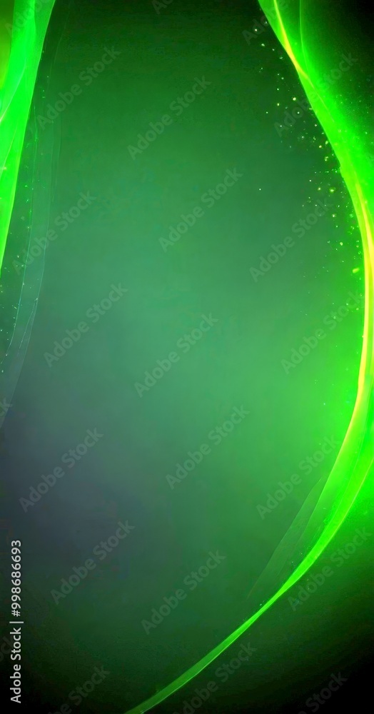 Poster a dark green background with a curved, glowing green wave-like shape on the right side, creating a s