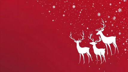 Simple red Christmas background with white reindeer icons in a minimalist style