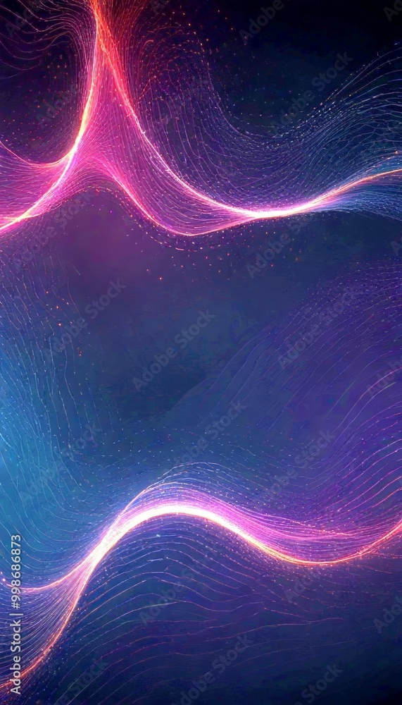 Poster a digital illustration wave-like pattern with a gradient of colors, transitioning from deep purple to orange and pink, with a subtle shimmering effect