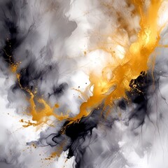 an abstract painting featuring a swirling pattern of black and gold hues, with splashes of gold and black throughout