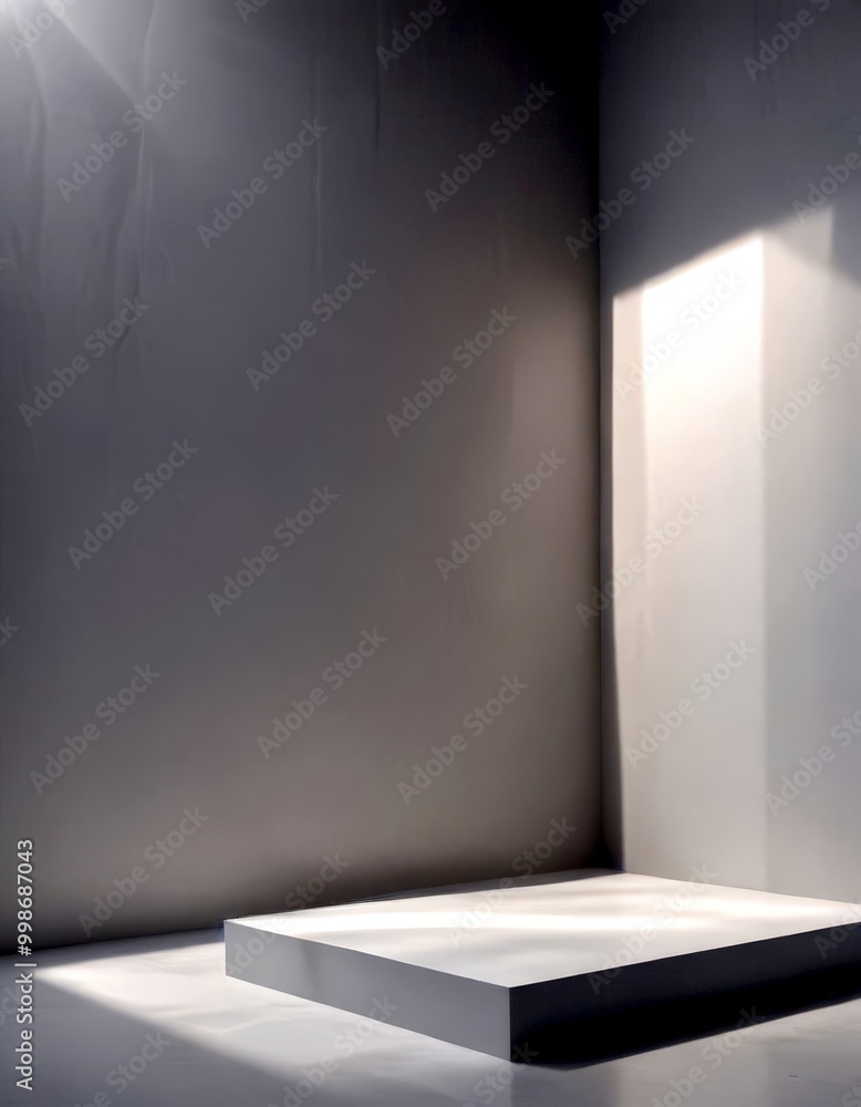 Aufkleber a minimalist white pedestal stands alone in a room with a gray wall, casting a shadow on the floor a
