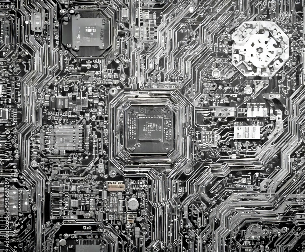 Poster a close-up view complex electronic circuit board, with various components and traces arranged in a highly detailed manner