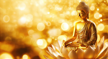 A golden Buddha with a glowing light effect in the background, a lotus flower, and a golden mandala...