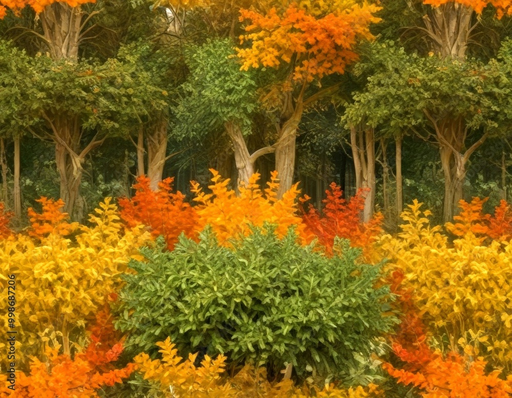 Poster a vibrant autumn scene featuring a dense forest with trees displaying a mix of green, orange, and ye