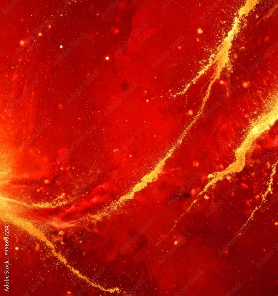 Poster a striking abstract composition of red and gold hues, with a central diagonal line of gold that appears to be flowing or curving, creating a sense of movement and dynamism